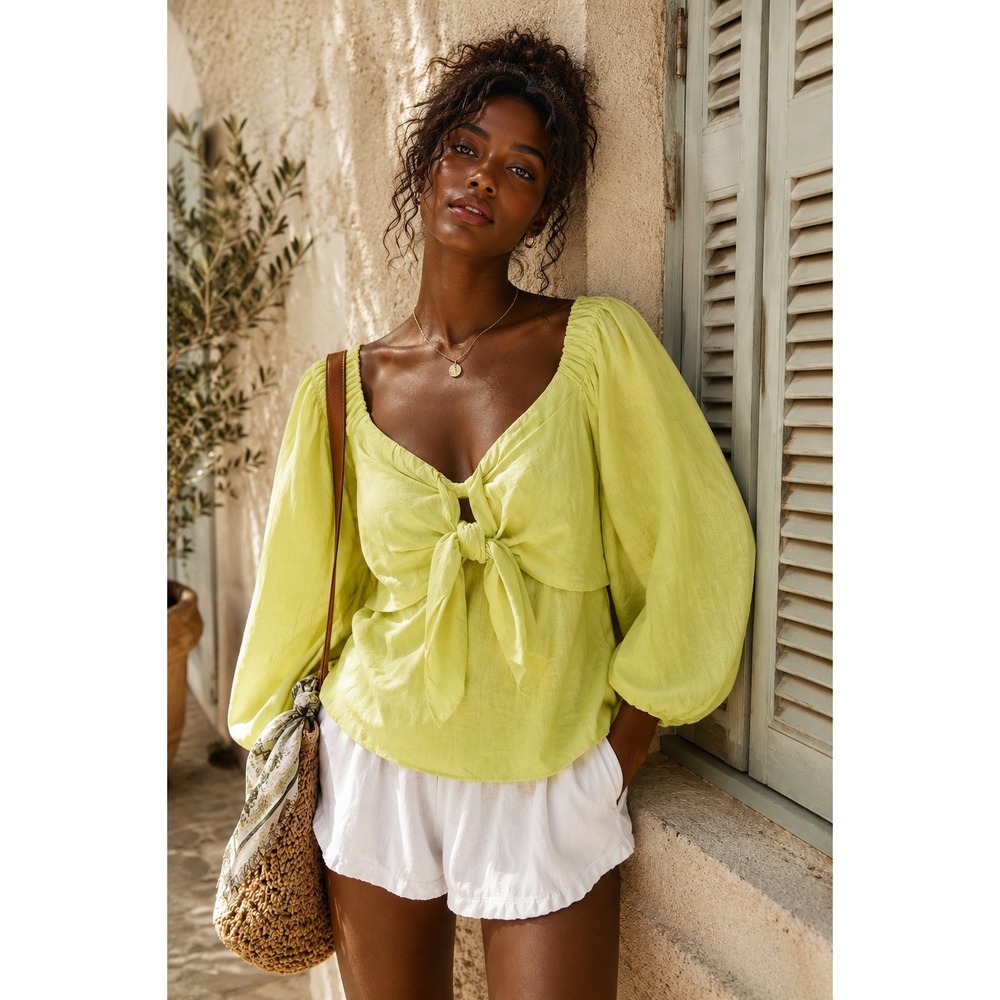 NWT NY‎ & Co Lime Green Linen Blend Peasant Top Tie Front Off Shoulder Blouse XS